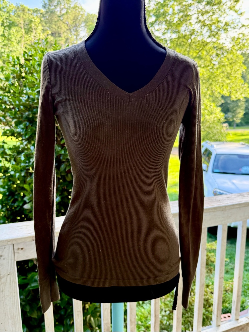 Ribbed V-Neck Long Sleeve Thermal  — Olive Brown Level Up Size Small